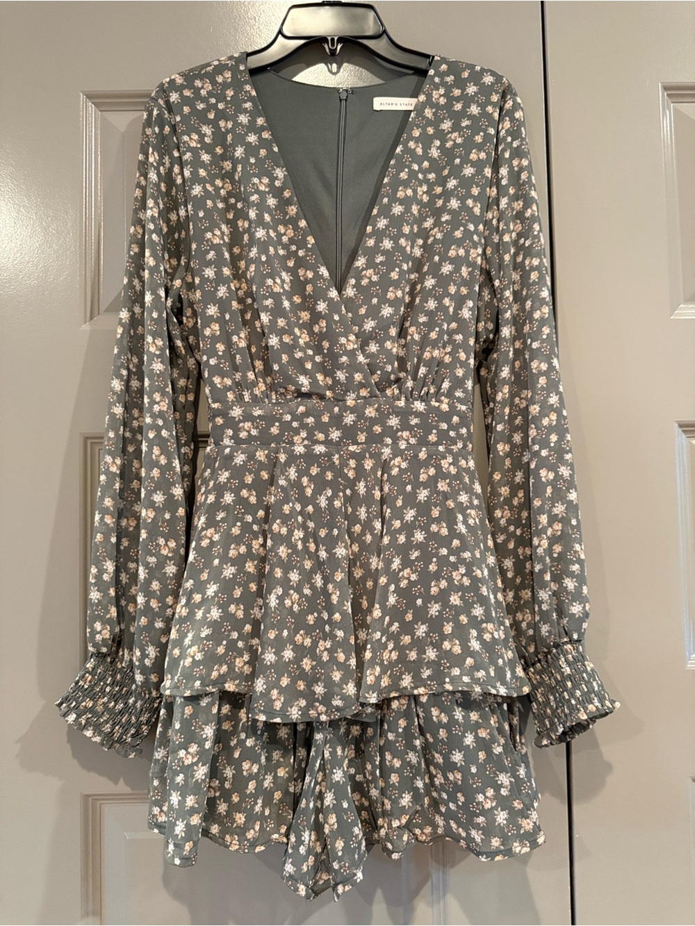 Altar'd State Sage Green Floral Tiered Romper